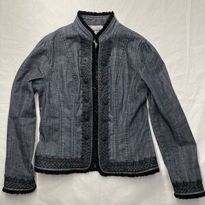 Chicos Platinum Denim Jacket Black Velvet Embellished Rhinestone‎ Hook Closure